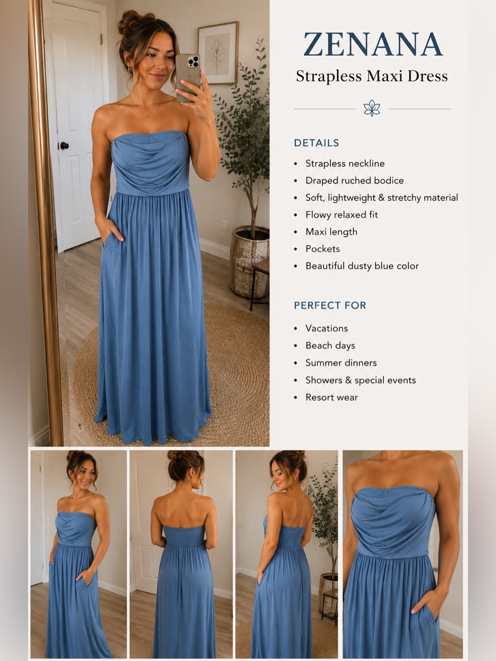 Zenana Dusty Blue Strapless Maxi Dress Large | Convertible Boho Summer Dress